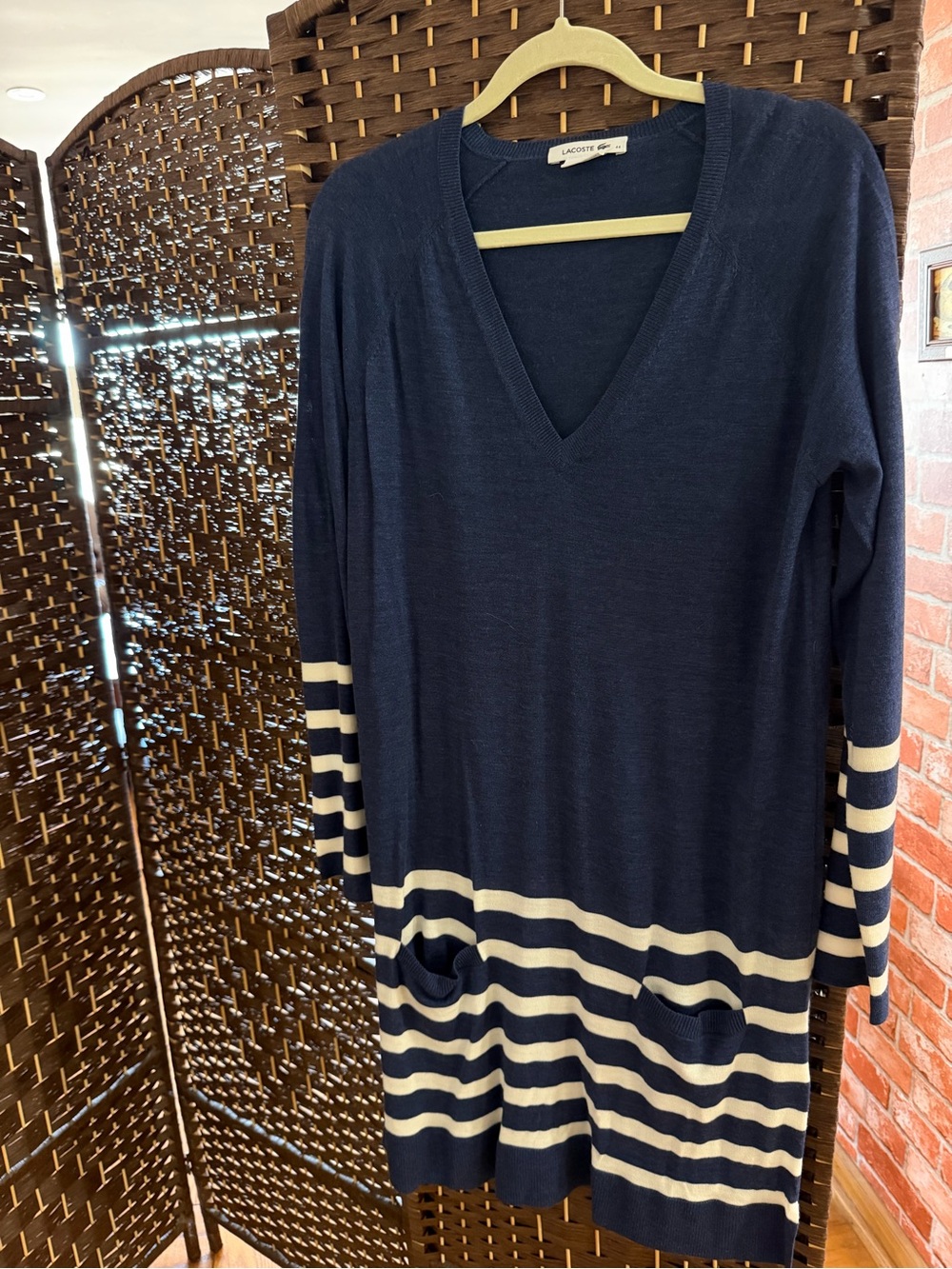 Lacoste Navy and Cream Striped V-Neck Dress